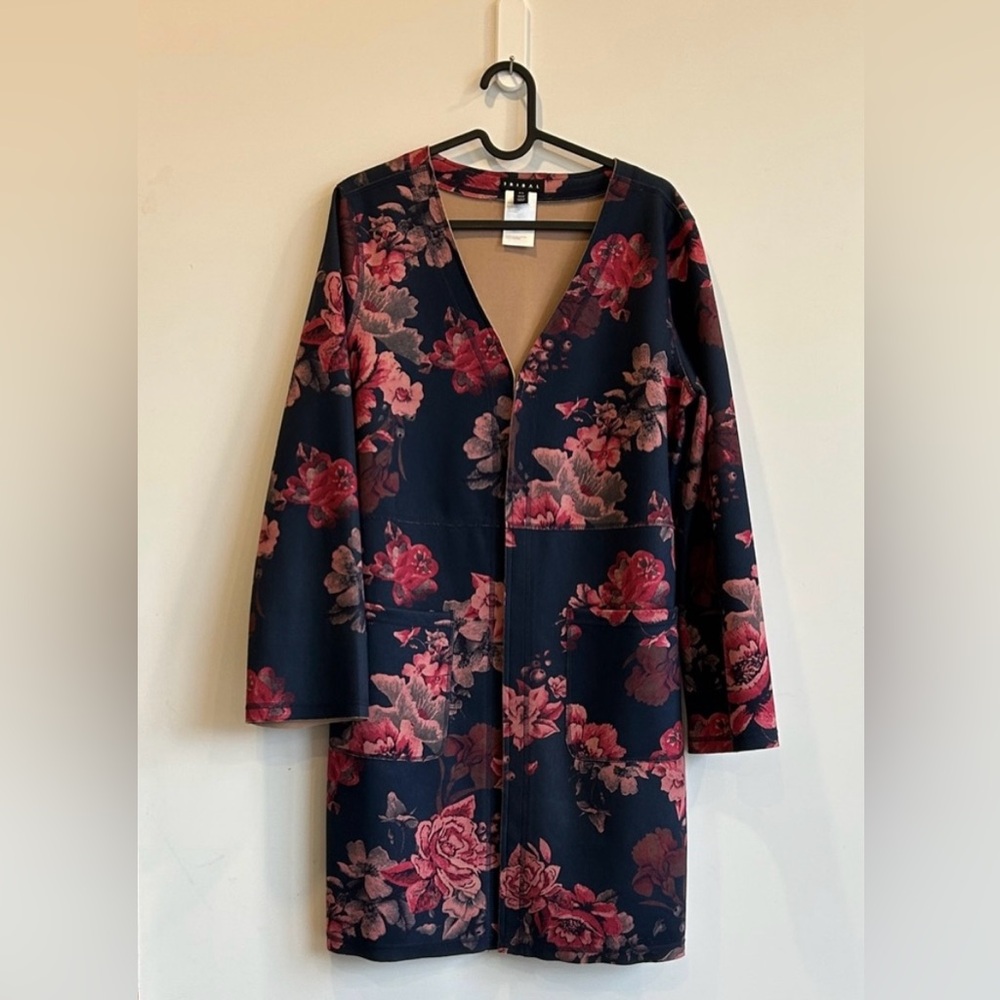 Tribal Floral Open Front Longline Cardigan Jacket | Navy Pink | Small